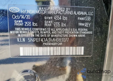 2021 Hyundai Sonata Sel z USA, uszkodzony, nr VIN 5NPEF4JA3MH083077